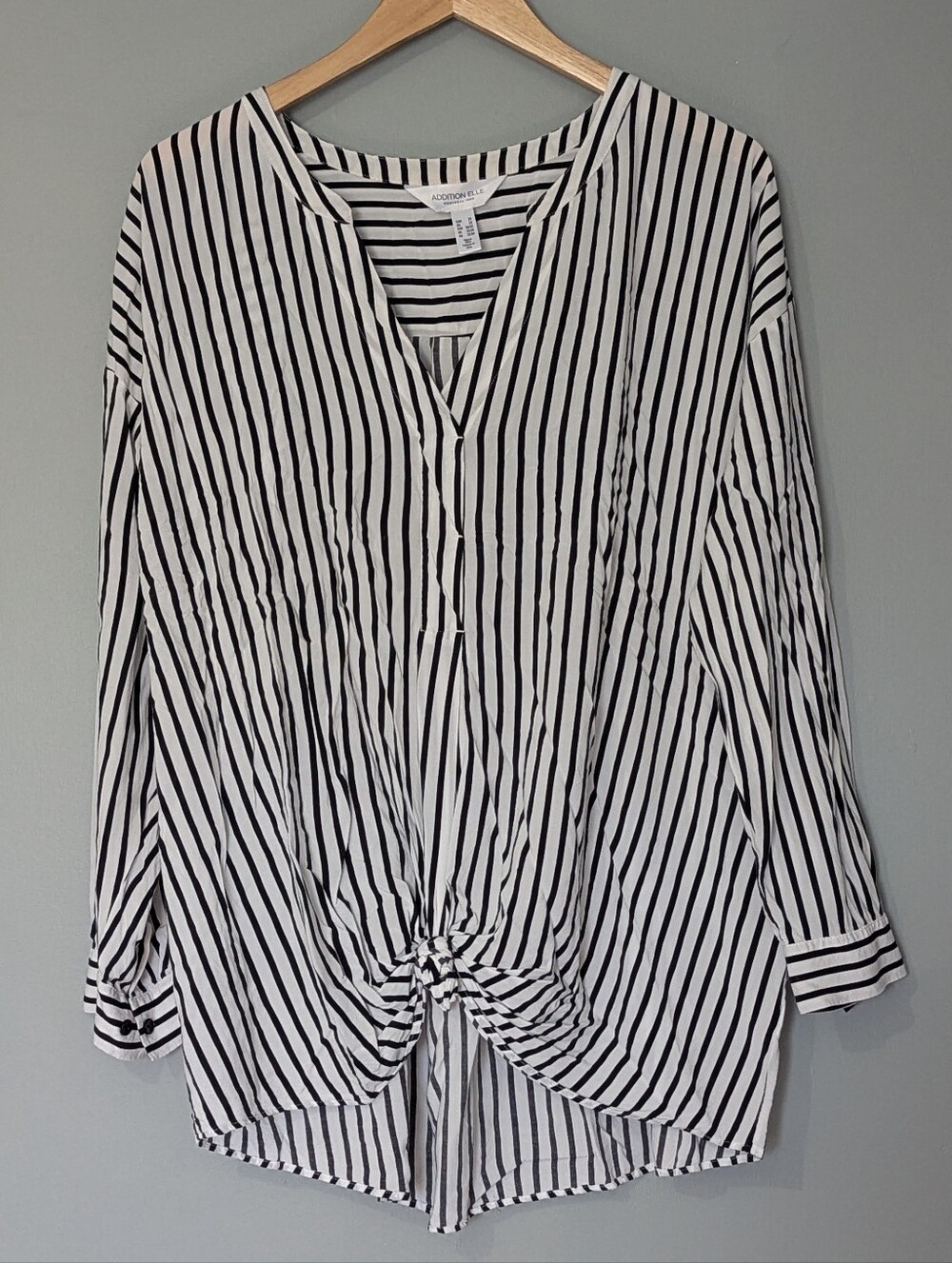 Addition Elle Womens Black White Vertical Striped Knot-Front Blouse Coastal Chic